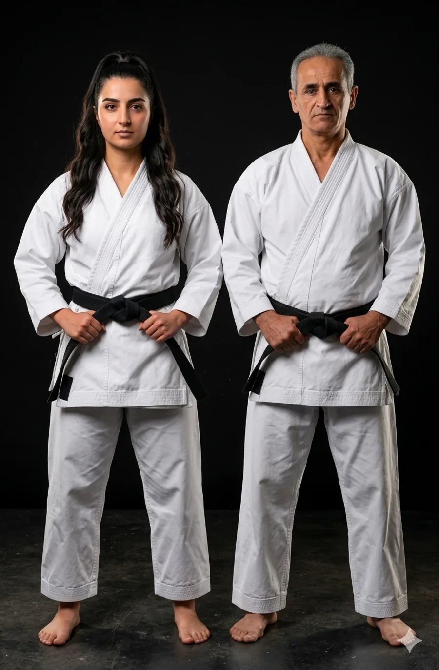 Sensei Homa Yaghoubian and Sensei Behzad Yaghoubian side by side in white karategi and black belts