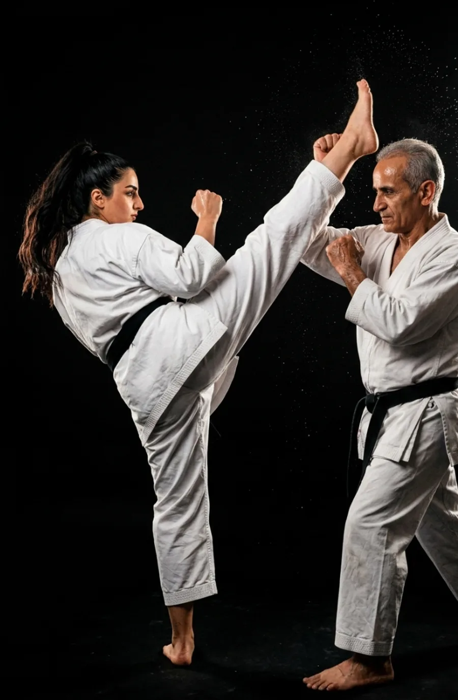 Sensei Homa Yaghoubian throwing a high kick while Sensei Behzad Yaghoubian blocks it